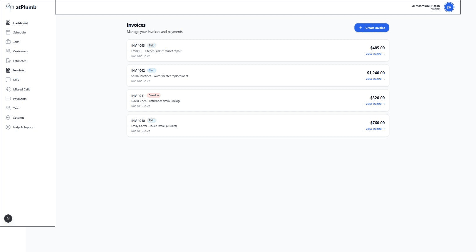 atPlumb plumbing invoicing software showing a professional invoice created on a phone