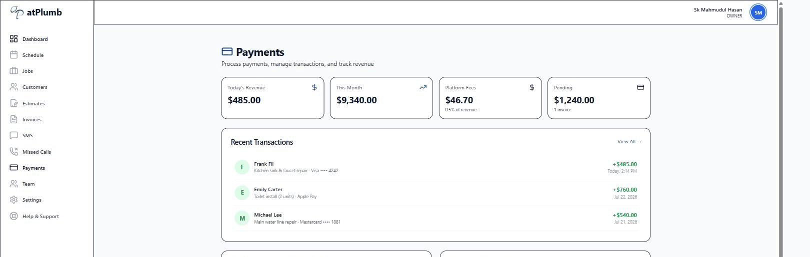 atPlumb payment processing for plumbers showing an on-site card payment